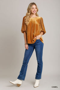 Umgee--Camel (Gold) Balloon Sleeve Velvet Top