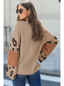 Leopard Colorblock Patchwork V-Neck Loose Sleeve Knit Top