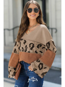 Leopard Colorblock Patchwork V-Neck Loose Sleeve Knit Top