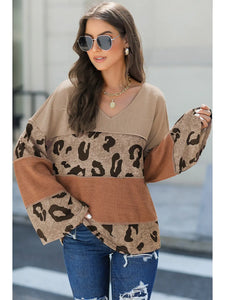 Leopard Colorblock Patchwork V-Neck Loose Sleeve Knit Top