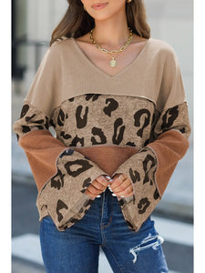 Leopard Colorblock Patchwork V-Neck Loose Sleeve Knit Top