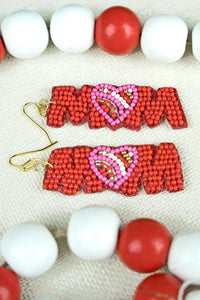 Red Mom Heart Seed Bead Earrings