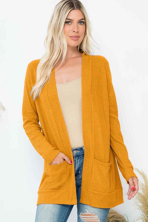 Cozy Waffle Pocket Cardigan--Mustard