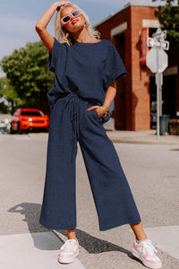 Textured Set-- Navy Blue--Fit T Shirt and Drawstring Pants