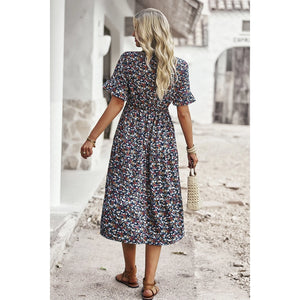 Floral Print Fit Ruffle Sleeve Midi Dress