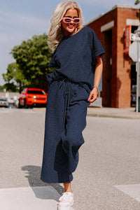 Textured Set-- Navy Blue--Fit T Shirt and Drawstring Pants