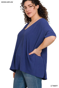 Plus Size Woven Airflow V-Neck Dolman Short Sleeve Top--Navy