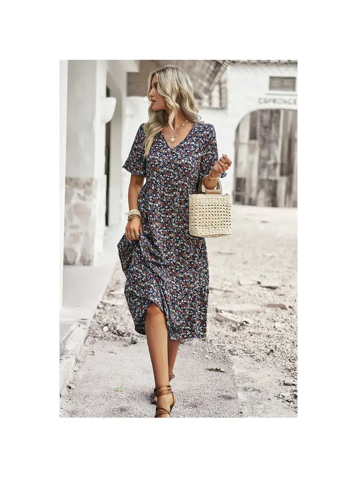 printed ruffle midi dress Floral Print Fit Ruffle Sleeve Midi Dress – Lilly Abigails Boutique