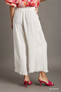 Umgee Linen Blend-Wide Leg Pant with Elastic Waist, Pockets, and Frayed Hem