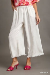 Umgee Linen Blend-Wide Leg Pant with Elastic Waist, Pockets, and Frayed Hem