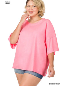 Plus Size French Terry Drop Shoulder Raw Edge Top