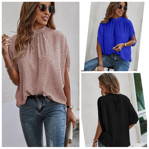 Mock Neck Cape Sleeve Short Sleeve Loose Top