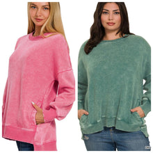 Load image into Gallery viewer, Acid Wash Fleece Hi Low Hem Pullover With Pockets--Hot Pink
