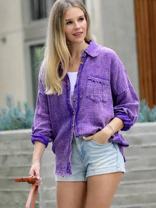 Mineral Washed Double Gauze Button Down Shirt--Violet