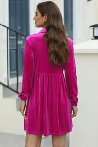 Rose Long Sleeve Ruffle Velvet Button Up Dress