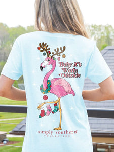 Simply Southern Short Sleeve Tee--Flamingo Christmas--Sky