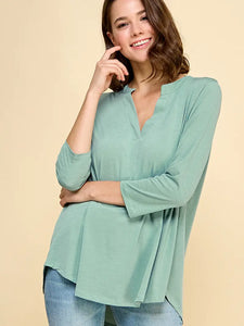 V-Neck 3/4 Sleeve Solid Tunic Top