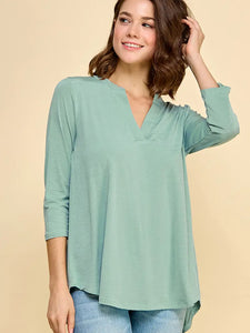 V-Neck 3/4 Sleeve Solid Tunic Top