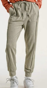 Umgee  Mineral Washed French Terry Cuffed Ribbed Jogger Pants