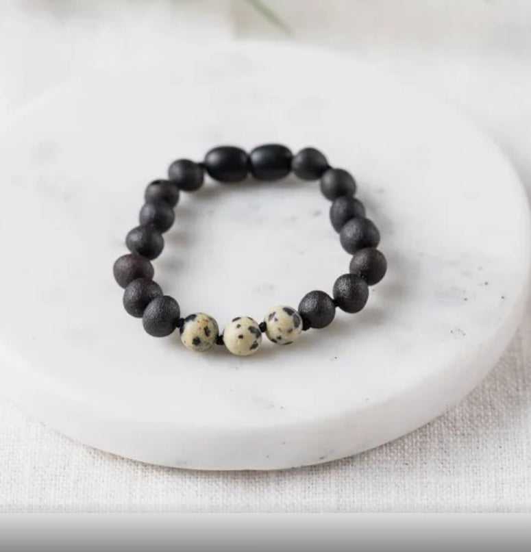 Kids | Dalmatian Jasper + Raw Cherry Amber Bracelet - 5-6inch