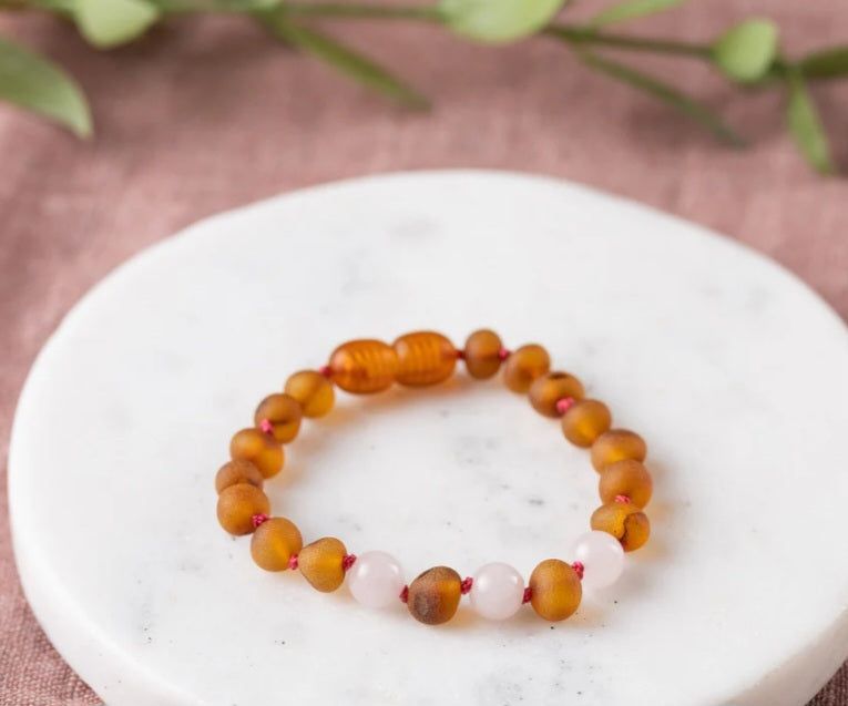 Kids | Rose Quartz + Raw Cognac Amber Bracelet - 5-6inch