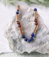 Load image into Gallery viewer, Kids | Lapis Lazuli + Raw Cognac Amber Hazelwood Necklace - 12-13inch
