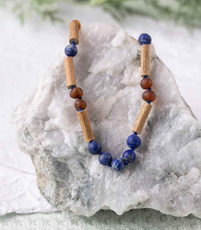 Kids | Lapis Lazuli + Raw Cognac Amber Hazelwood Necklace - 12-13inch