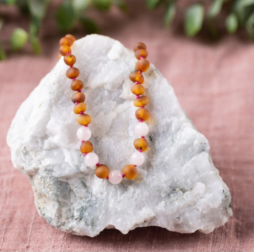 Kids | Rose Quartz + Raw Cognac Amber Necklace - 14-15 inch