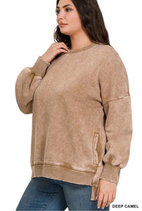 Acid Wash Fleece Hi-Low Hem Pullover - Deep Camel