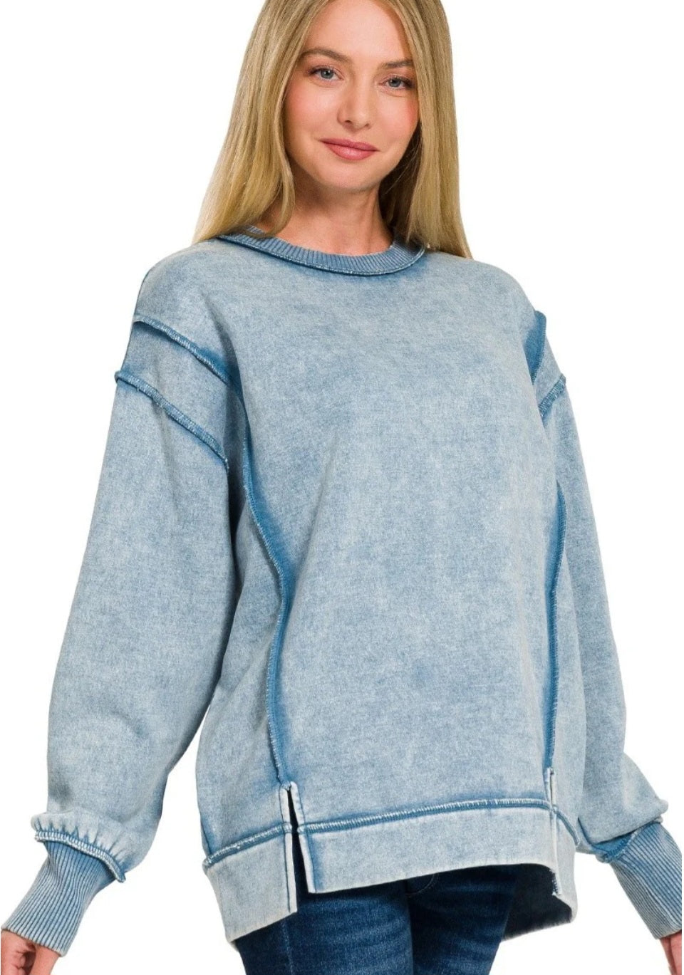 Acid Washed Exposed Seam Sweatshirt - Blue Grey