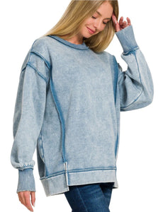 Acid Washed Exposed Seam Sweatshirt - Blue Grey