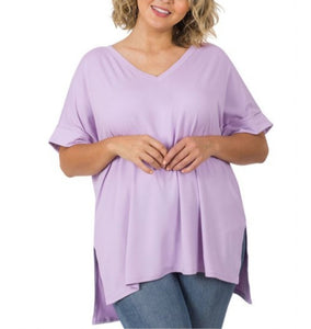 Side-Slit V-Neck Rolled Short Sleeve Hi-Low Top "Dusty Lavender"