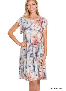 Tiered Ruffle Sleeve Dress--Blue Tie Dye