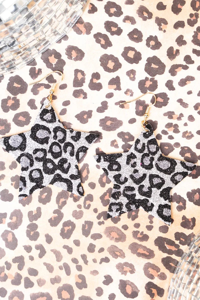 Superstar Silver Leopard Star Glitter Earrings