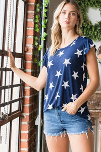 Ruffle Sleeve Navy Star Print Top