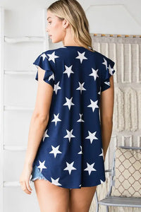 Ruffle Sleeve Navy Star Print Top