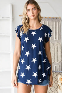 Ruffle Sleeve Navy Star Print Top