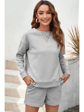 Load image into Gallery viewer, Textured Long Sleeve Top and Drawstring Shorts Set
