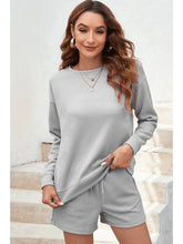 Load image into Gallery viewer, Textured Long Sleeve Top and Drawstring Shorts Set
