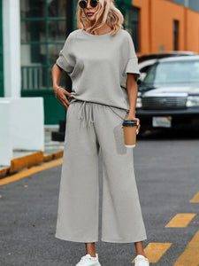 Gray Textured Loose Fit T Shirt and Drawstring Pants Set