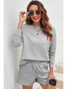 Textured Long Sleeve Top and Drawstring Shorts Set