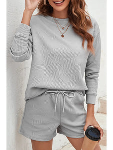 Textured Long Sleeve Top and Drawstring Shorts Set