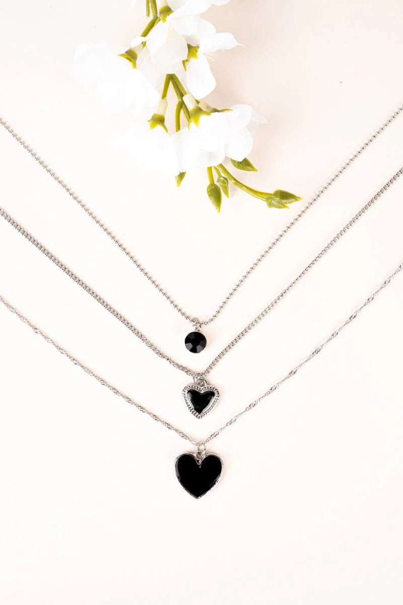 CRYSTAL AVENUE HEART OF THE MATTER TRIPLE SILVERTONE AND BLACK NECKLACE SET