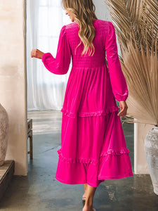 Pink Shirred V Neck Long Sleeve Velvet Dress