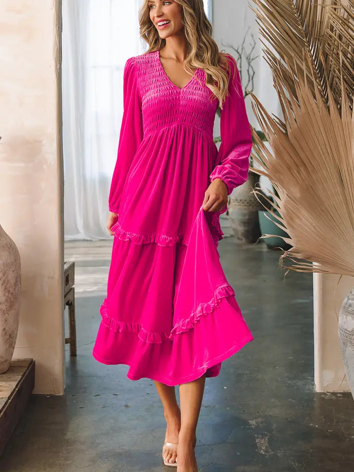 Pink Shirred V Neck Long Sleeve Velvet Dress Lilly Abigails Boutique Pink Shirred V Neck Long Sleeve Velvet Dress Lilly Abigails Boutique