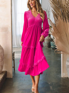 Pink Shirred V Neck Long Sleeve Velvet Dress