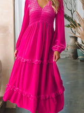 Load image into Gallery viewer, Pink Shirred V Neck Long Sleeve Velvet Dress
