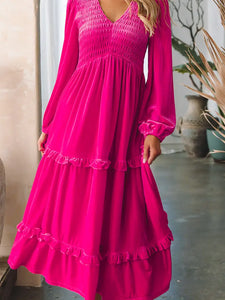 Pink Shirred V Neck Long Sleeve Velvet Dress