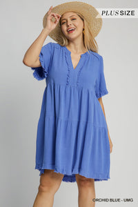 The Blue's--Umgee Linen Blend, A Line, Frayed Trim, Plus Dress