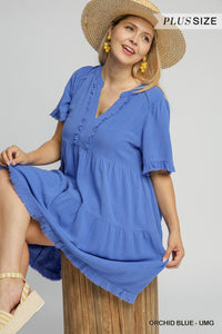 The Blue's--Umgee Linen Blend, A Line, Frayed Trim, Plus Dress